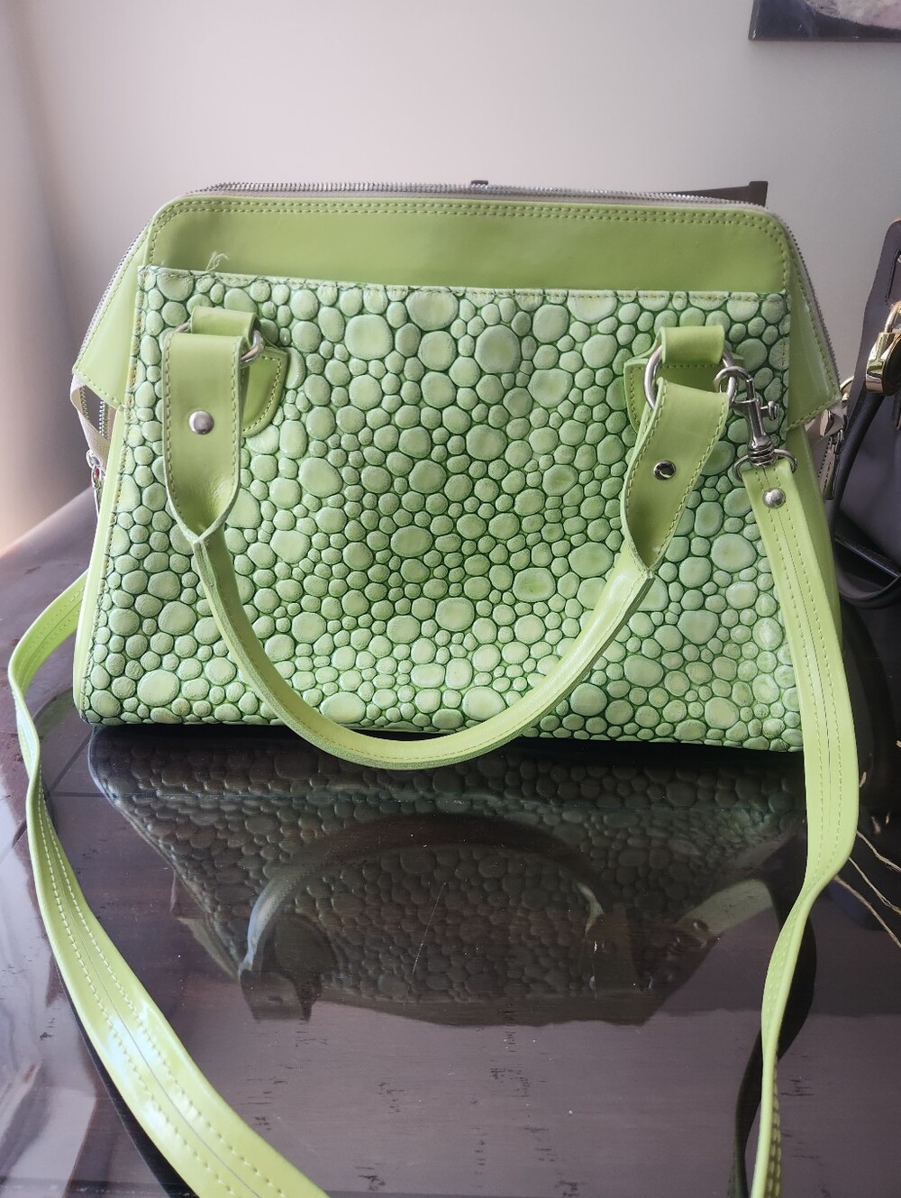 Italian Leather Green Textured Bubble-Pattern Satchel Bag - Women's Shoulder Bag